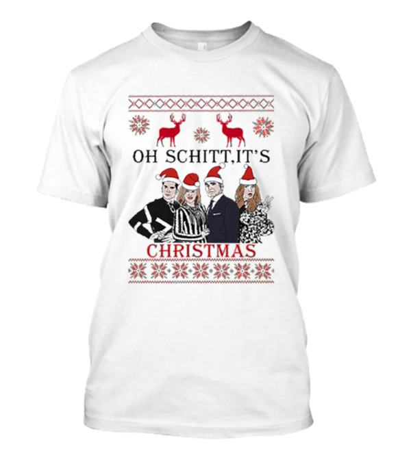 Oh Schitt It's Christmas Holiday 2024 Sweater Reindeer And Characters With Santa Hats T-Shirt