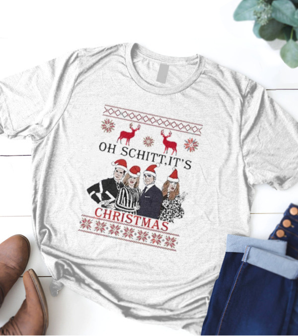 Oh Schitt It's Christmas Holiday 2024 Sweater Reindeer And Characters With Santa Hats T-Shirt