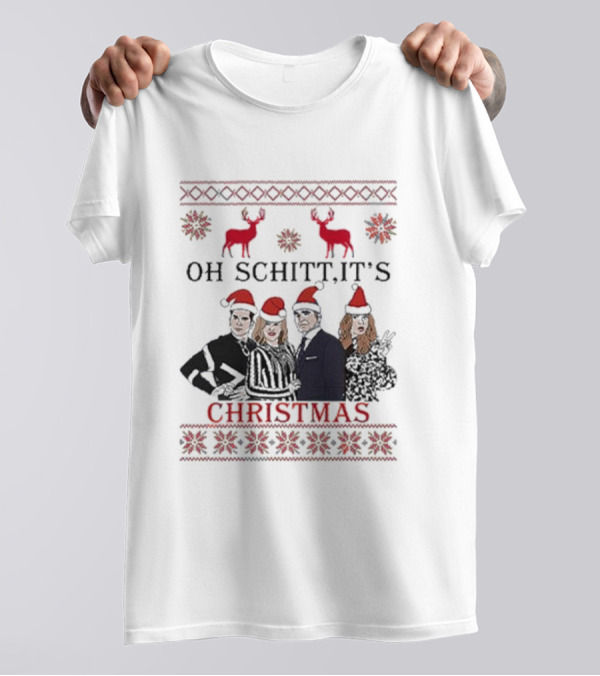 Oh Schitt It's Christmas Holiday 2024 Sweater Reindeer And Characters With Santa Hats T-Shirt