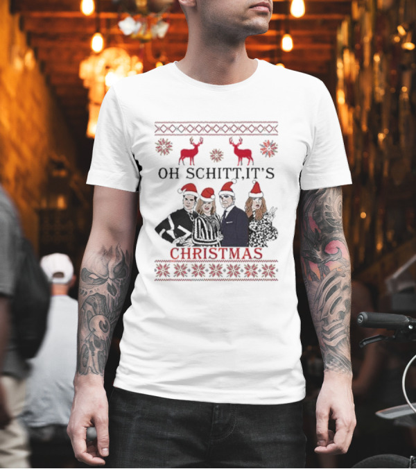 Oh Schitt It's Christmas Holiday 2024 Sweater Reindeer And Characters With Santa Hats T-Shirt