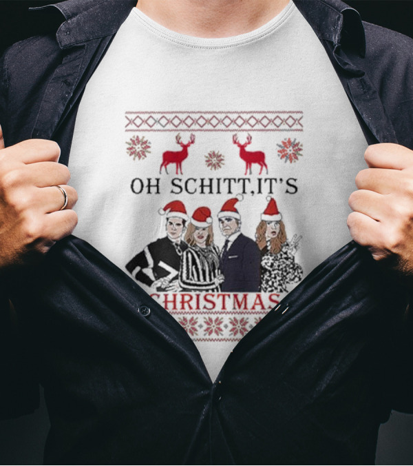 Oh Schitt It's Christmas Holiday 2024 Sweater Reindeer And Characters With Santa Hats T-Shirt
