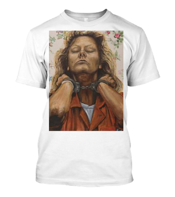 Lyndsay Grimes Aileen Mugshot Portrait With Handcuffs And Floral Background T-Shirt