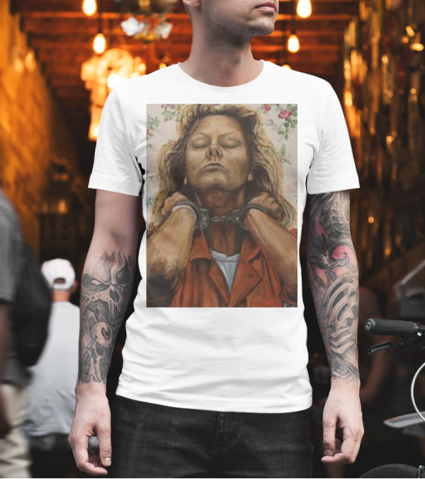 Lyndsay Grimes Aileen Mugshot Portrait With Handcuffs And Floral Background T-Shirt