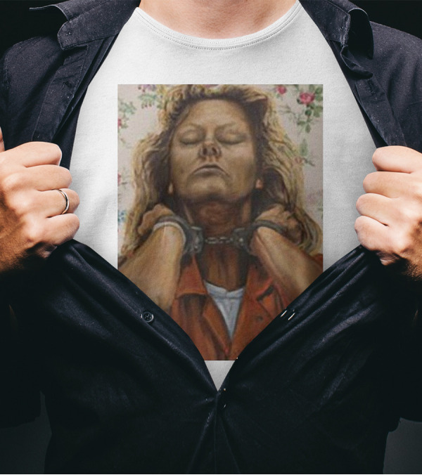 Lyndsay Grimes Aileen Mugshot Portrait With Handcuffs And Floral Background T-Shirt