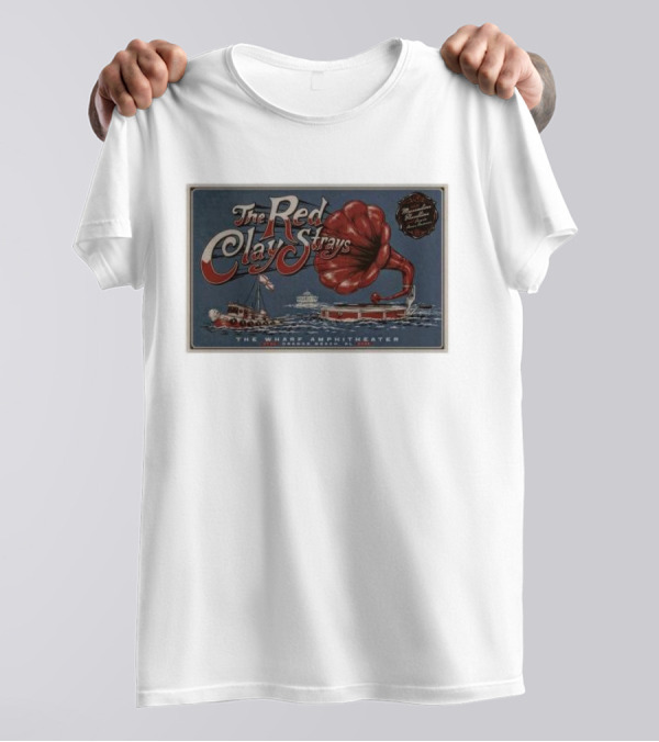 The Red Clay Strays July 4 2024 The Wharf Amphitheater Orange Beach AL Vintage Gramophone Boat Scene T-Shirt