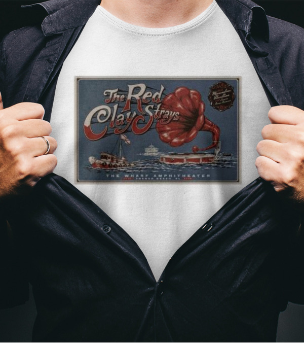 The Red Clay Strays July 4 2024 The Wharf Amphitheater Orange Beach AL Vintage Gramophone Boat Scene T-Shirt