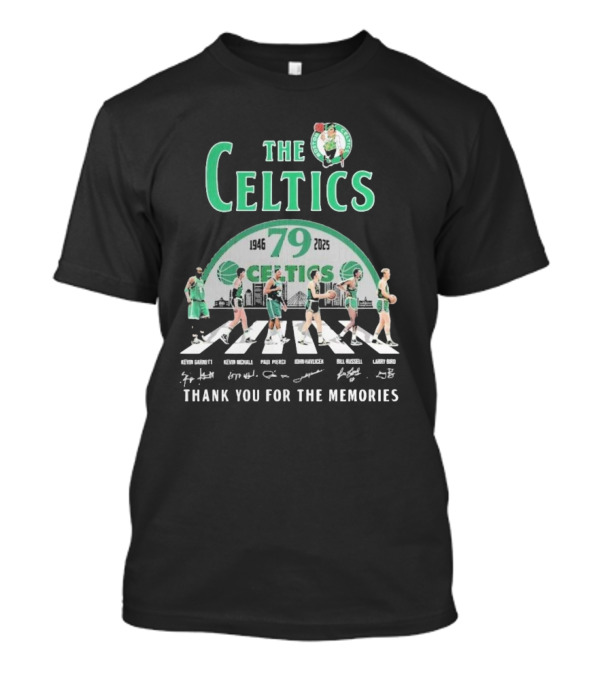 The Celtics 79th Anniversary 1946-2025 Thank You For The Memories With Kevin Garnett Paul Pierce Bill Russell Larry Bird T-Shirt