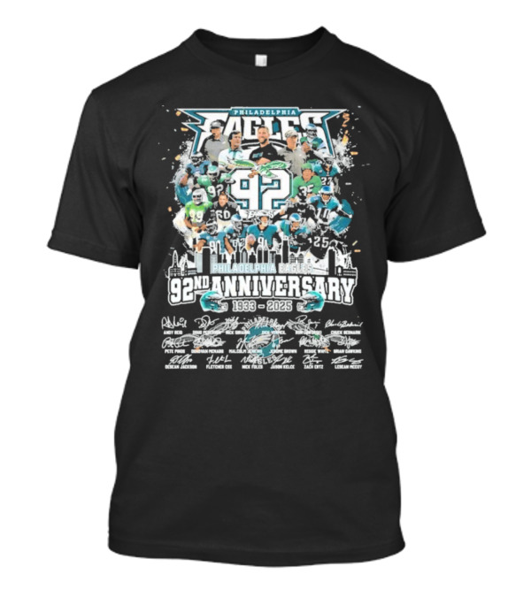 Philadelphia Eagles 92nd Anniversary 1933-2025 Signatures And Team Collage With Skyline Background T-Shirt