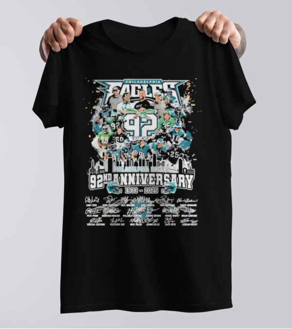 Philadelphia Eagles 92nd Anniversary 1933-2025 Signatures And Team Collage With Skyline Background T-Shirt