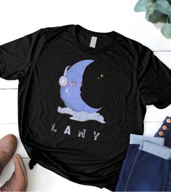Lany Moon Crying Blue Crescent With Headphones And Clouds T-Shirt