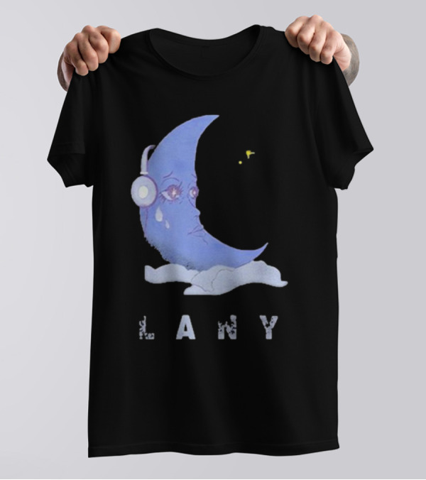 Lany Moon Crying Blue Crescent With Headphones And Clouds T-Shirt