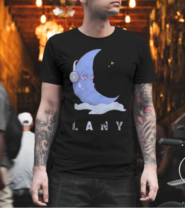 Lany Moon Crying Blue Crescent With Headphones And Clouds T-Shirt