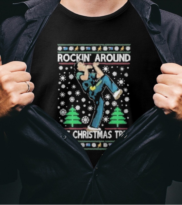 Rockin' Around The Christmas Tree Ugly Christmas Sweater With Dancing Figure And Snowflakes T-Shirt