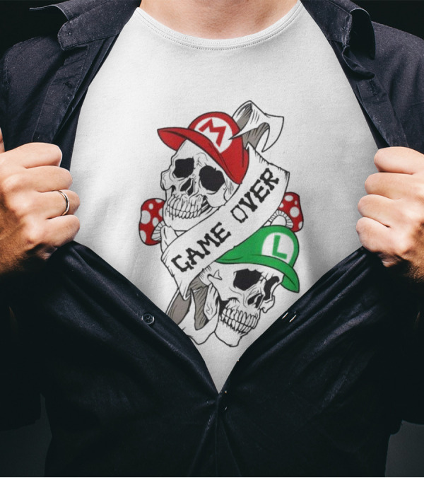 Game Over Skull M L Gaming Mushroom T-Shirt
