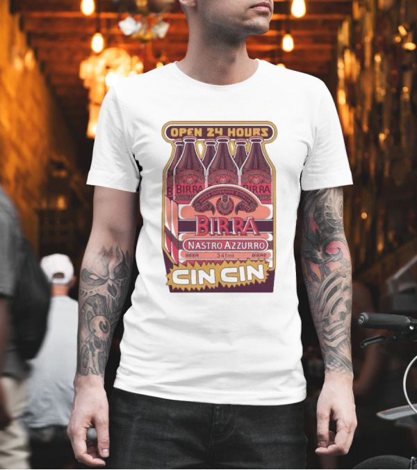 Open 24 Hours Birra Nastro Azzurro 341ml Cin Cin Beer T-Shirt