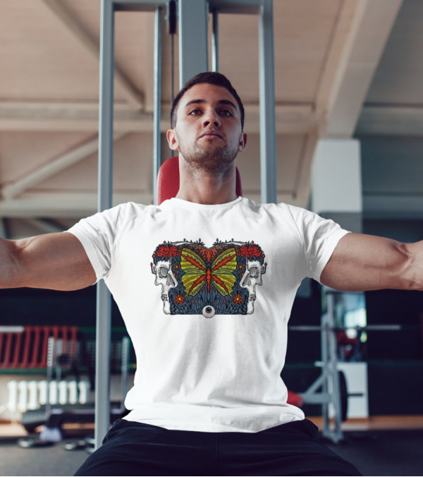 This Old Engine Two Worlds Skull And Butterfly Symmetry With Roses And Floral Elements T-Shirt