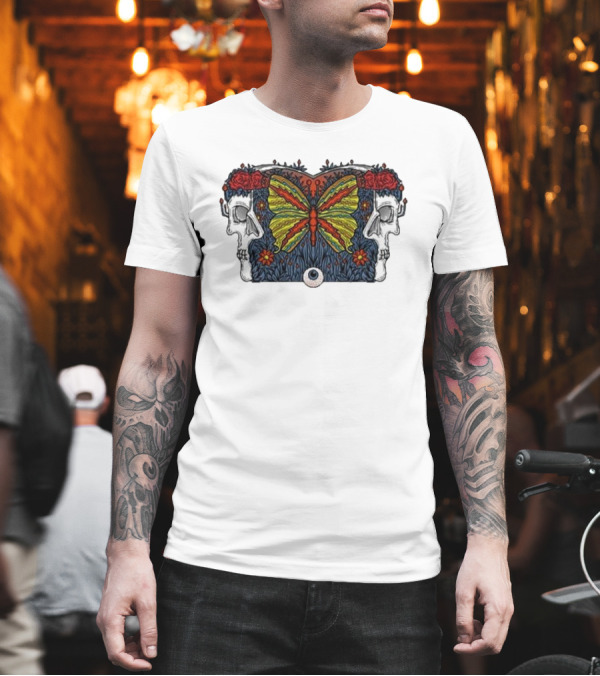 This Old Engine Two Worlds Skull And Butterfly Symmetry With Roses And Floral Elements T-Shirt