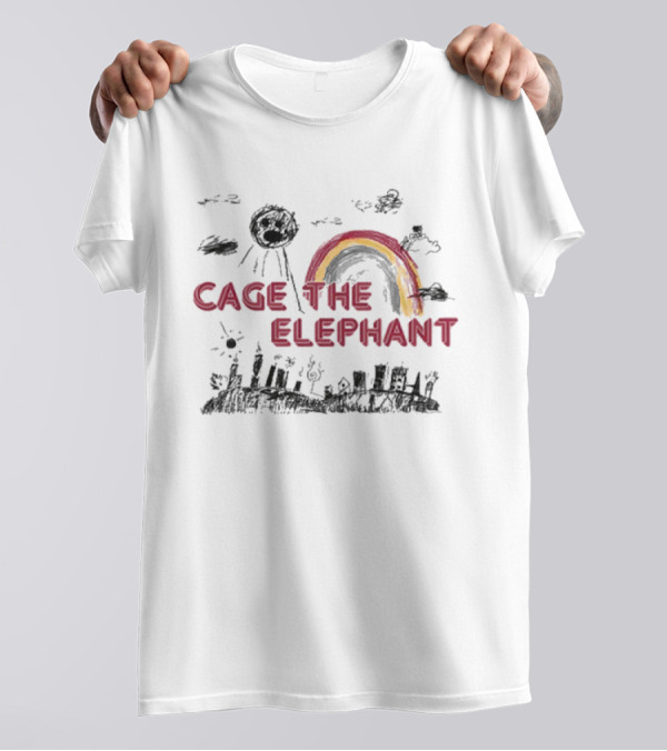 Cage The Elephant Rainbow Doodle With Scribbled Skyline And Clouds T-Shirt
