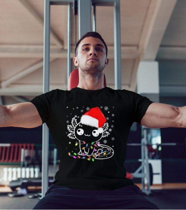 Santa Hat Axolotl Wrapped In Colorful Christmas Lights And Falling Snowflakes T-Shirt