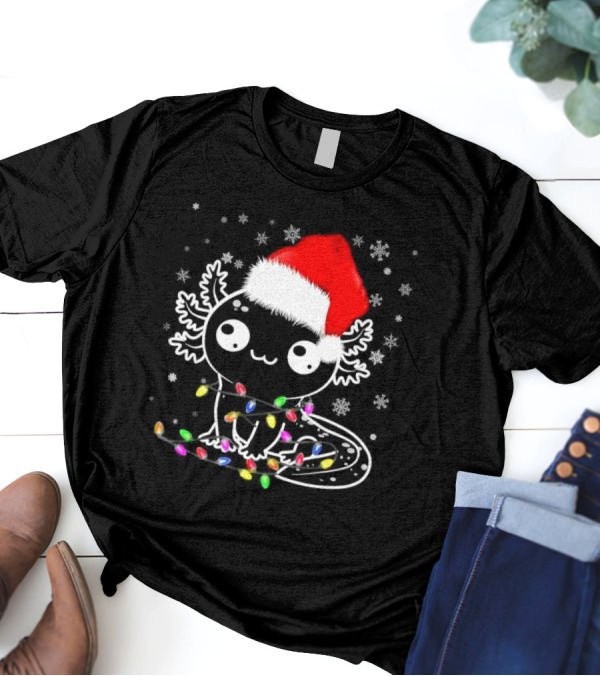 Santa Hat Axolotl Wrapped In Colorful Christmas Lights And Falling Snowflakes T-Shirt