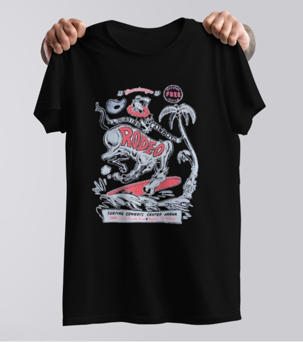 Surfing Cowboys Rodeo Malibu Surfboard Palm Trees Arena Malibu CA T-Shirt