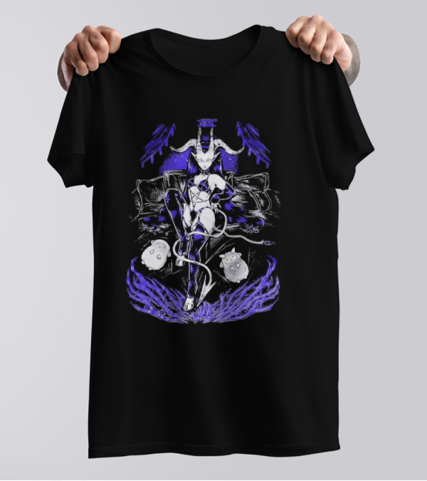 The Devil Pinku Kult Demonic Figure Surrounded By Ghostly Creatures And Occult Symbols T-Shirt