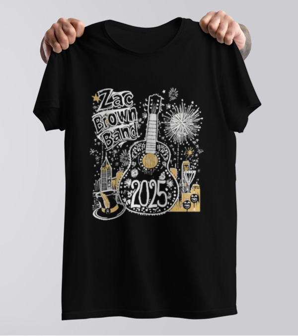 Zac Brown Band 2025 New Year's Eve Fireworks Guitar Atlanta Skyline T-Shirt