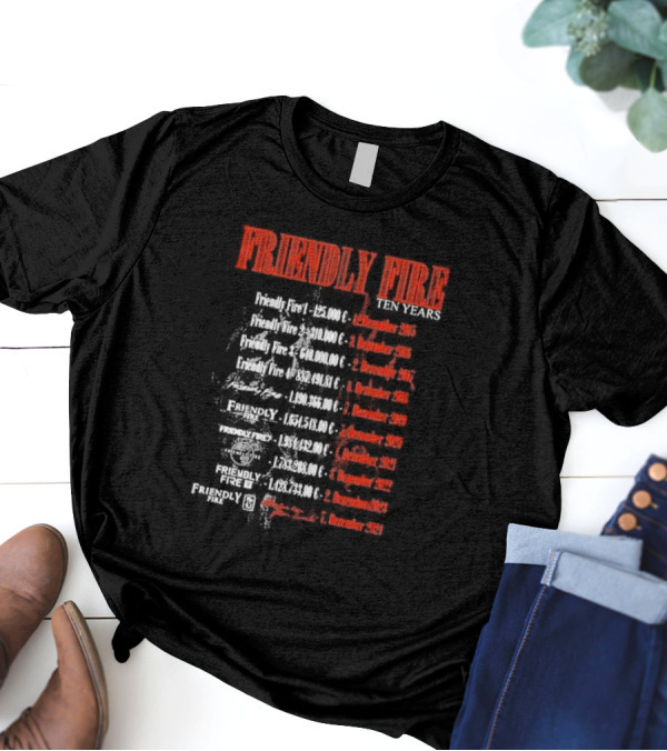 Friendly Fire Ten Years Tour December 2015-2024 Charity Event Milestones T-Shirt