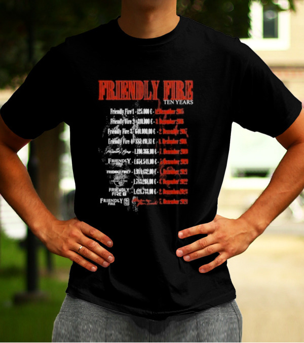 Friendly Fire Ten Years Tour December 2015-2024 Charity Event Milestones T-Shirt