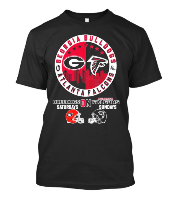 Georgia Bulldogs Atlanta Falcons Logo Saturdays Sundays Helmets Skyline T-Shirt