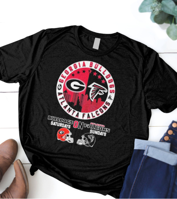 Georgia Bulldogs Atlanta Falcons Logo Saturdays Sundays Helmets Skyline T-Shirt
