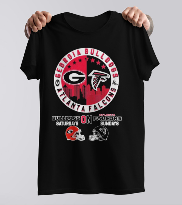 Georgia Bulldogs Atlanta Falcons Logo Saturdays Sundays Helmets Skyline T-Shirt
