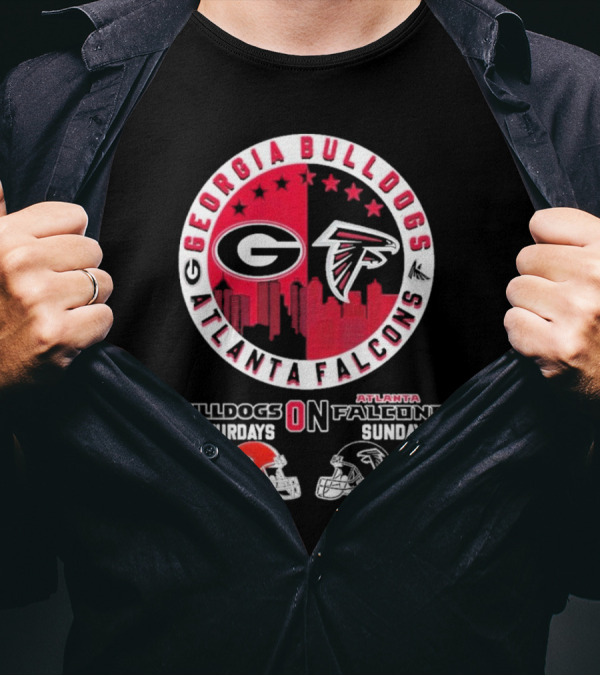 Georgia Bulldogs Atlanta Falcons Logo Saturdays Sundays Helmets Skyline T-Shirt