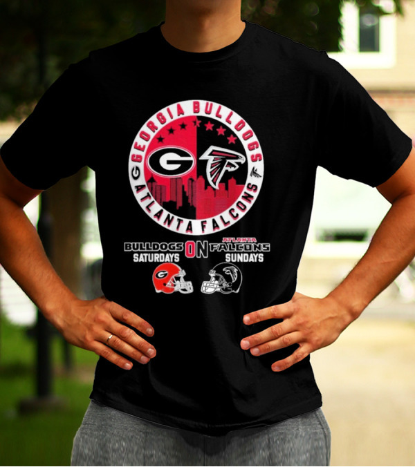 Georgia Bulldogs Atlanta Falcons Logo Saturdays Sundays Helmets Skyline T-Shirt