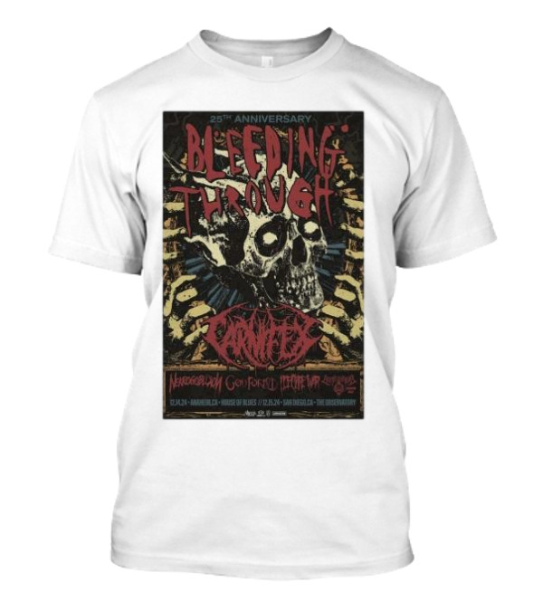 25th Anniversary Bleeding Through December 14 2024 Anaheim CA House Of Blues Skulls And Carnifex T-Shirt