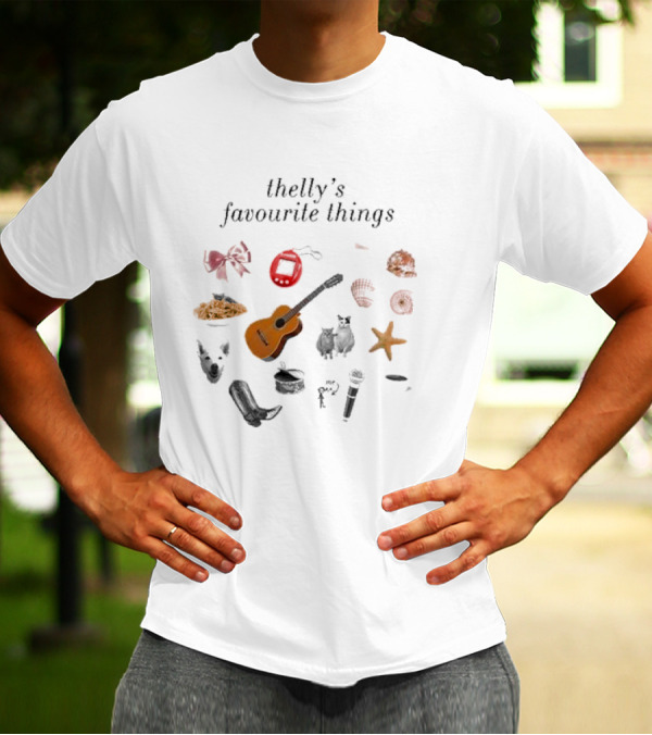 Thelly's Favourite Things Guitar Animals Microphone Starfish Shells Cowboy Boot Bow Pasta Tamagotchi T-Shirt