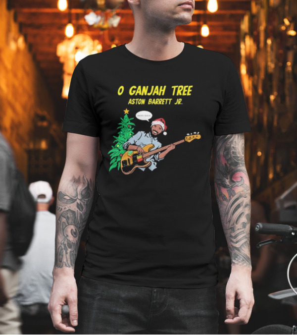 O Ganjah Tree Holiday Christmas Aston Barrett Jr Santa Hat Playing Guitar T-Shirt