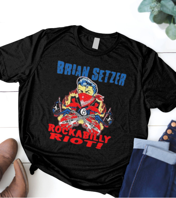 Brian Setzer Rockabilly Riot 8 Ball Flame Bandana Guitars T-Shirt