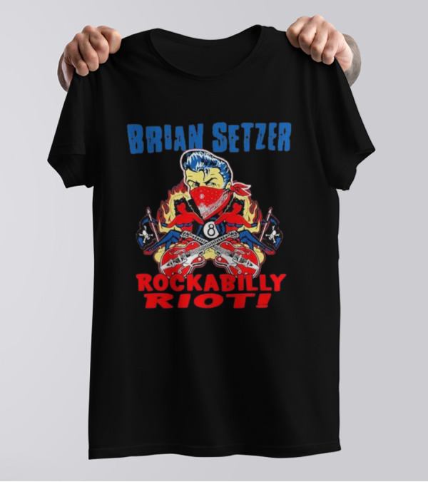 Brian Setzer Rockabilly Riot 8 Ball Flame Bandana Guitars T-Shirt