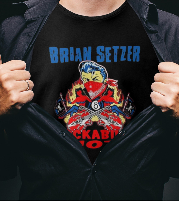 Brian Setzer Rockabilly Riot 8 Ball Flame Bandana Guitars T-Shirt