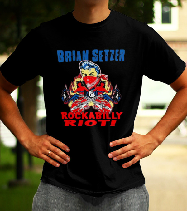Brian Setzer Rockabilly Riot 8 Ball Flame Bandana Guitars T-Shirt
