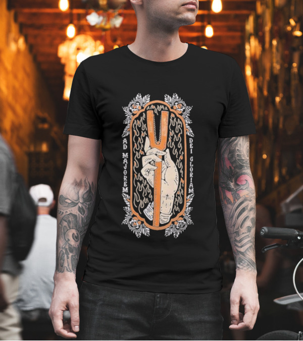 Ad Majorem Dei Gloriam Hook And Irons Hand With Flames And Roses T-Shirt