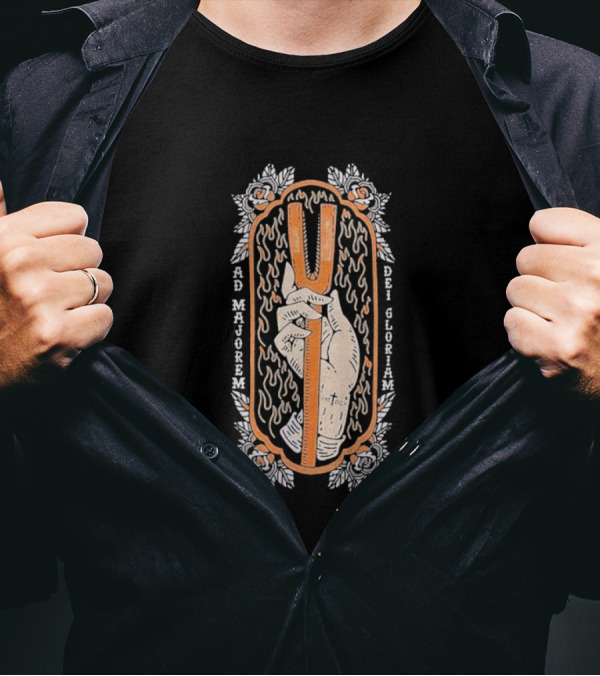 Ad Majorem Dei Gloriam Hook And Irons Hand With Flames And Roses T-Shirt