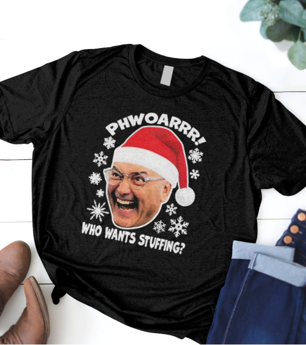 Phwoarrr Gregg Wallace Who Wants Stuffing Snowflakes Santa Hat T-Shirt