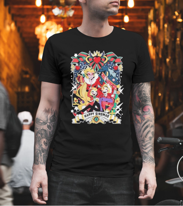 Hazbin Hotel Happy Sinsmas Christmas Celebration With Characters And Holiday Decorations T-Shirt