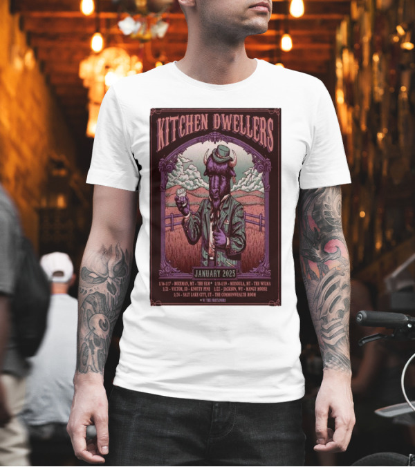 Kitchen Dwellers January 2025 Tour Poster Featuring Cowboy Buffalo With Tour Dates And Venues T-Shirt