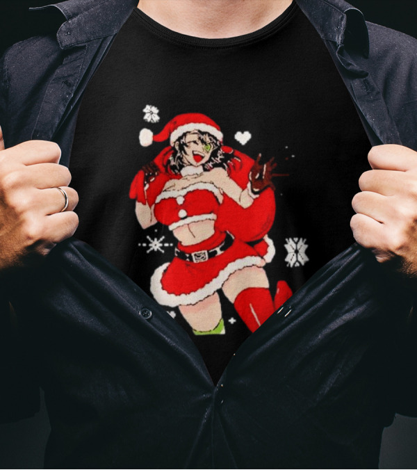 Supps Waifu Uwu Ugly Christmas Santa Anime Girl In Red Outfit With Snowflakes And Hearts T-Shirt