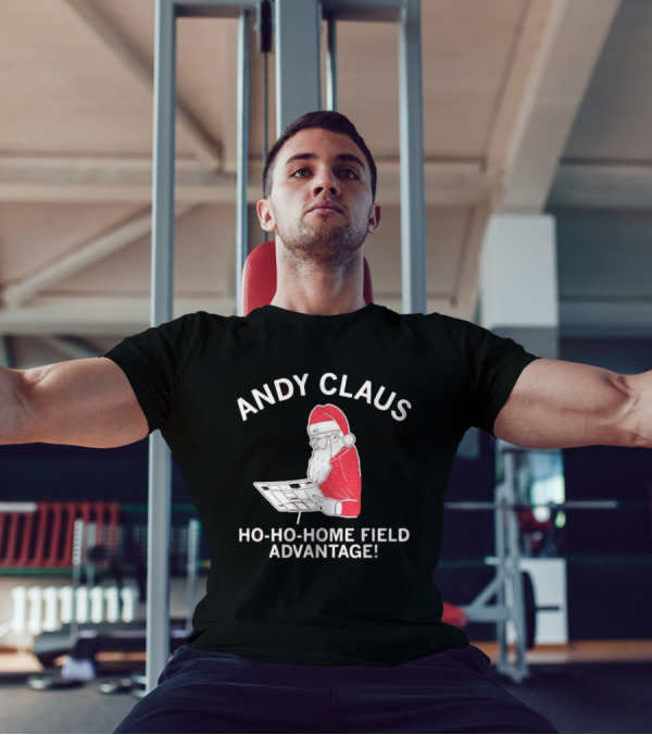 Andy Claus Santa In KC Hat With Playbook Ho Ho Home Field Advantage T-Shirt