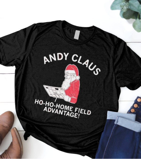 Andy Claus Santa In KC Hat With Playbook Ho Ho Home Field Advantage T-Shirt