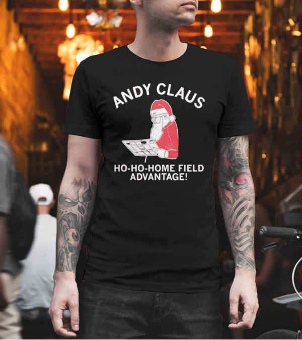 Andy Claus Santa In KC Hat With Playbook Ho Ho Home Field Advantage T-Shirt